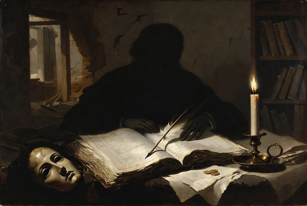 Kant's scholar examining the maxim — a figure deep in study by lamplight, turning the atmosphere of debt into a proposition that can finally be judged