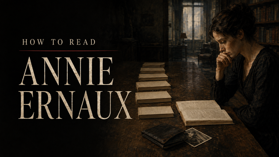 Editorial illustration of a reader beginning with an open slim book and worn wallet as six further volumes recede toward library shelves, titled How to Read Annie Ernaux.