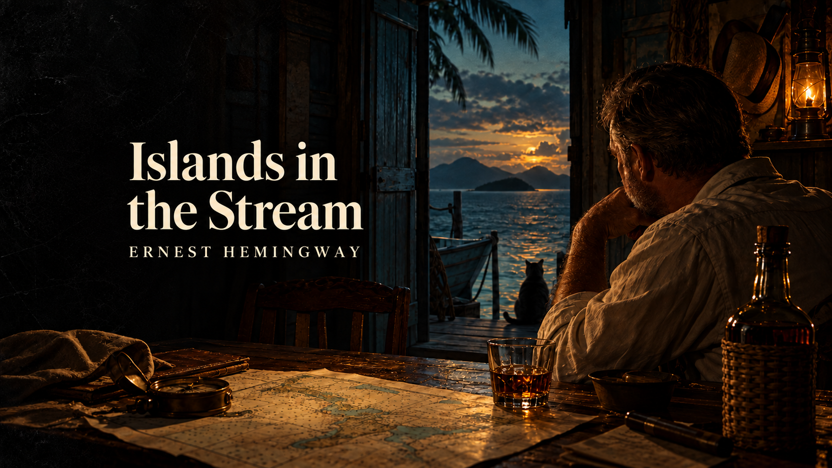 Editorial cover for Islands in the Stream by Ernest Hemingway: a man at a table looks toward a seaside doorway, with a cat near the shore.