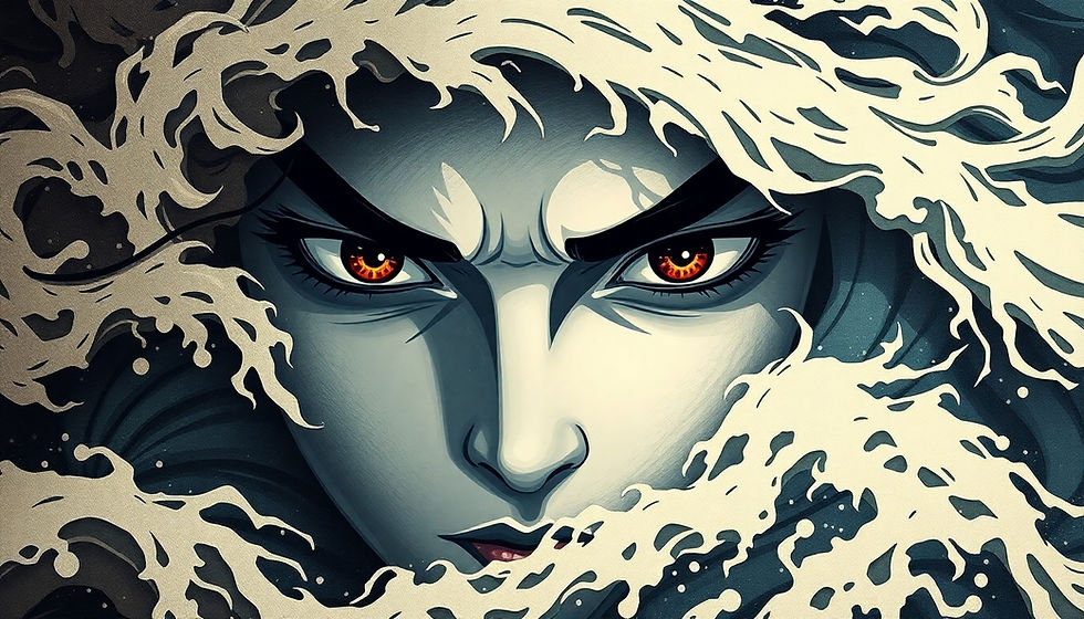 Intense face with fiery eyes, surrounded by swirling waves. The grayscale background adds drama and focus on the glaring expression.