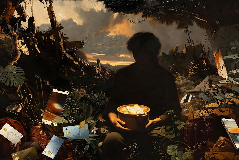 The cornucopia that hollows itself out — a still life of abundance and decay, the Epicurean warning that superfluous desires multiply dependency rather than pleasure