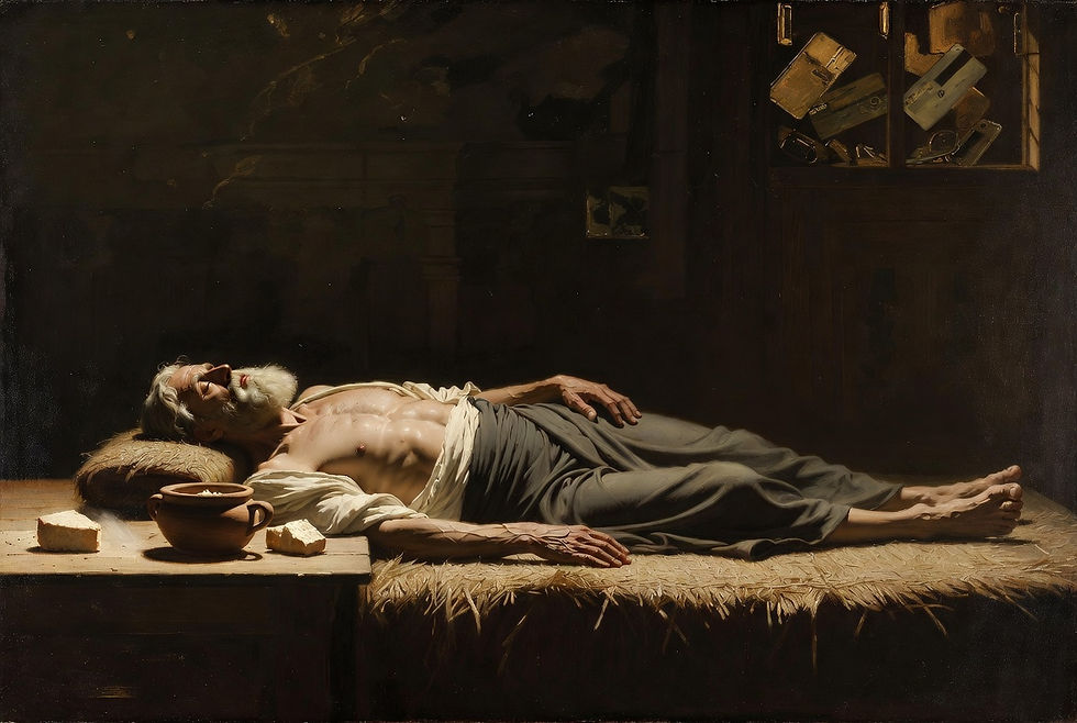 Epicurus in his final hours — a reclining figure at rest amid simple possessions, the letter to Idomeneus proving that what mattered was never the kind of thing that could be taken