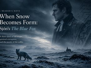 Book cover for When Snow Becomes Form: Sjón’s The Blue Fox, with a stern man, fox, and snowy church landscape.