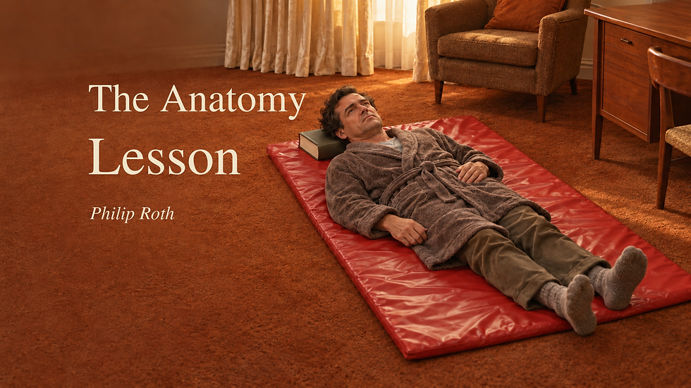 Illustration of a wakeful man lying on his back on a red mat in a warm copper-colored study, with a single closed book supporting his head. Title: The Anatomy Lesson, Philip Roth.