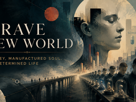Brave New World poster with giant female profile over dystopian city, cloned babies, and the subtitle Huxley, Manufactured Soul.