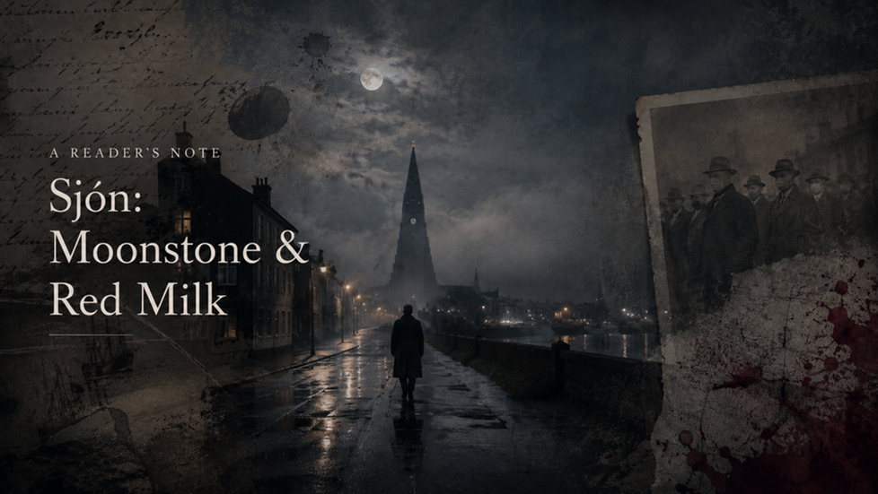 Dark gothic book cover with a lone figure on a wet moonlit street; text reads A Reader’s Note, Sjón: Moonstone & Red Milk