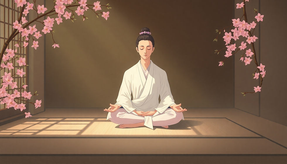 Person meditating in a serene room with cherry blossoms. Wearing a white robe, eyes closed, sitting cross-legged on a mat. Peaceful mood.