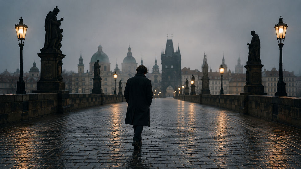 Lone person walks along a wet cobblestone bridge at dusk, framed by glowing lamps and statues with a misty city skyline ahead.