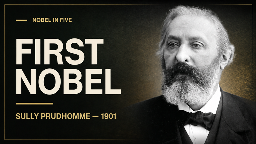 Gold-and-black Nobel in Five thumbnail reading “First Nobel” and “Sully Prudhomme — 1901,” beside a black-and-white portrait of Prudhomme.