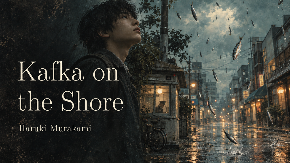 Kafka on the Shore by Haruki Murakami. An interpretive composite of a young traveler, a police box and falling fish over a Japanese street.