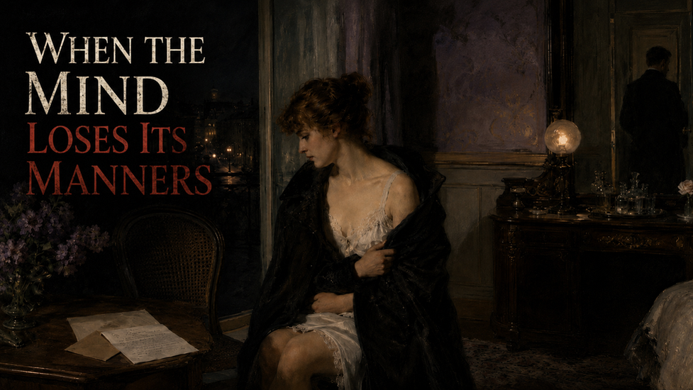 Moody vintage poster of a woman in a slip and black shawl in a dark room; text reads When the Mind Loses Its Manners.