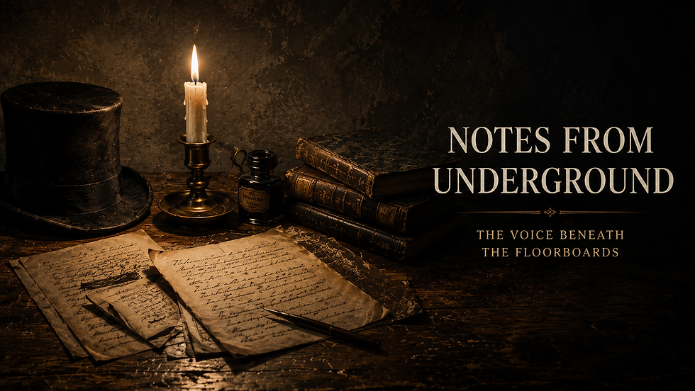 A candle illuminates a top hat, ink, and handwritten notes on a wooden table. Stack of books nearby. Dark, atmospheric setting. Text reads: Notes from Underground - The Voice Beneath the Floorboards.