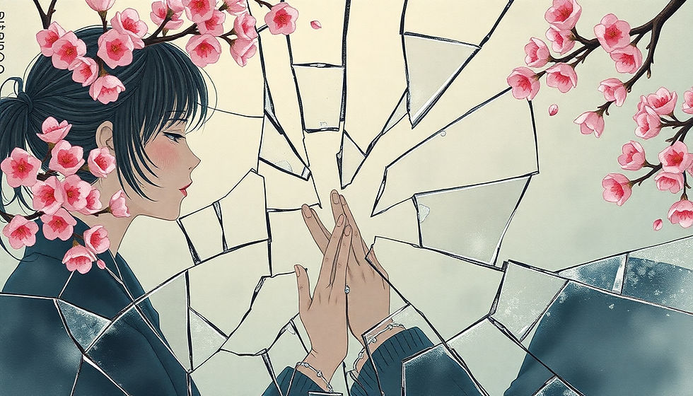 A girl touches cracked mirror as cherry blossoms frame her face. She wears dark clothing, evoking a serene, introspective mood.