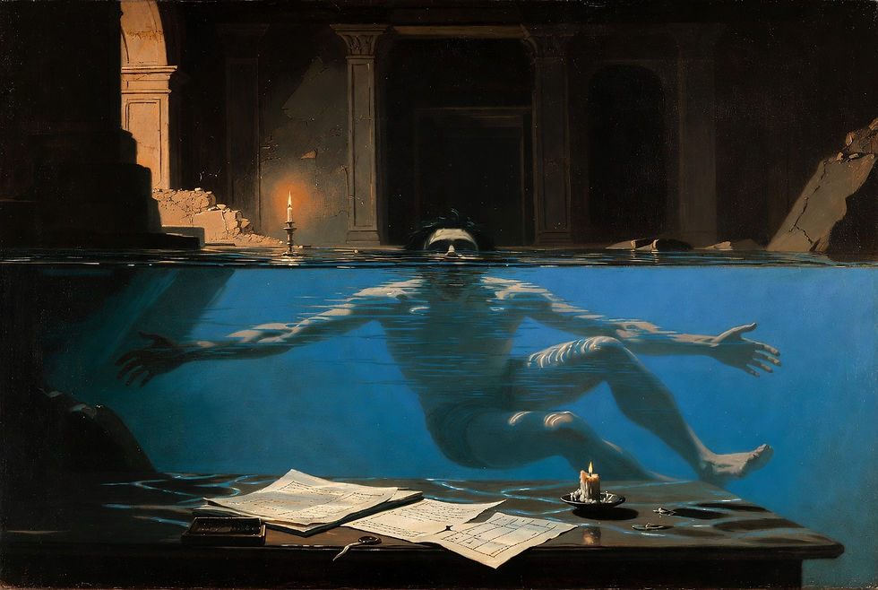 Surreal half-submerged man floats underwater in a dark room, arms spread above a desk with papers and a lit candle.