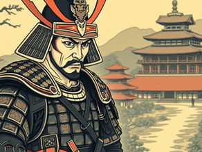 Samurai in ornate armor stands solemnly. Background features traditional Japanese architecture with red roofs and trees. Beige tones dominate.