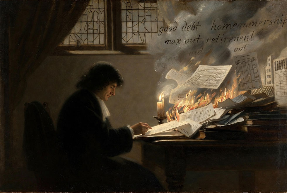 Descartes reimagined — a scholar by candlelight scrutinising burning manuscripts, evoking the controlled demolition of inherited financial certainties through radical philosophical doubt