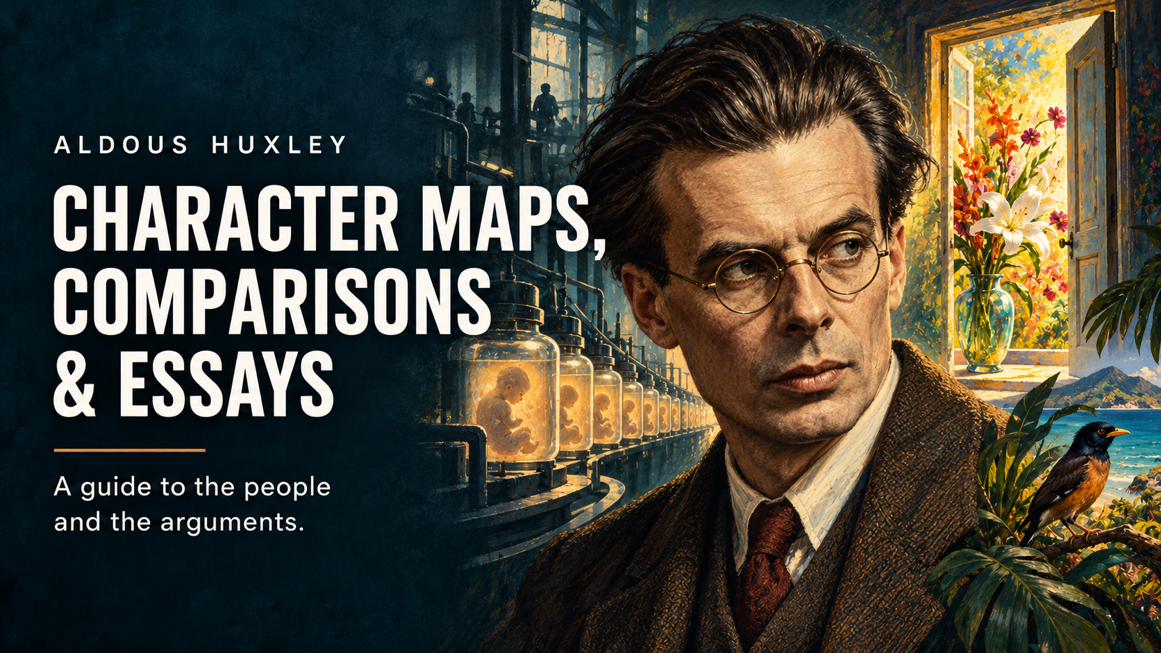 Illustrated Aldous Huxley portrait beside Hatchery bottles, flowers in a luminous doorway, and a mynah bird. Text: Aldous Huxley. Character Maps, Comparisons & Essays. A guide to the people and the arguments.