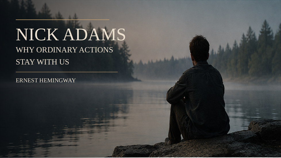 A solitary figure seated beside a misty, wooded river. Cover text: Nick Adams; Why Ordinary Actions Stay With Us; Ernest Hemingway.