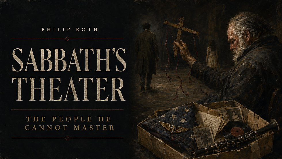 Dark painterly illustration of an aging puppeteer holding a control bar with severed red strings beside a box of wartime keepsakes, while two figures walk away.