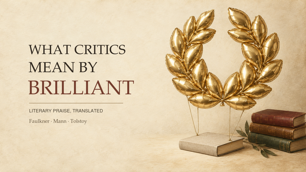 An inflated golden laurel wreath floats above a modest book. Text: What Critics Mean by Brilliant — Literary Praise, Translated. Faulkner · Mann · Tolstoy.