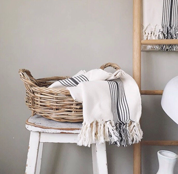 Thumbnail: Cotton Peshtemal Towel throw with navy stripes