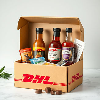 A DHL delivery surprise package containing spice bottles sauces ad chocolates.jpg