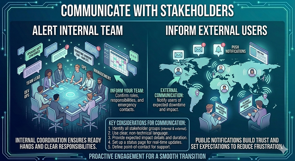 Inform your team and users about the upgrade schedule and expected downtime. Clear communication helps manage expectations.