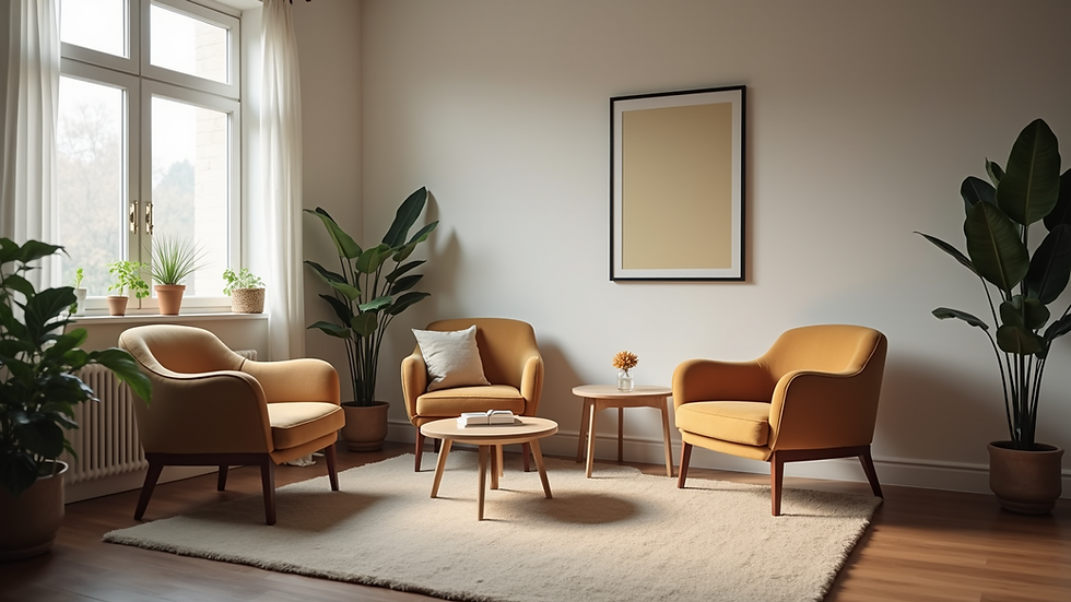 Eye-level view of a cozy counseling room with comfortable seating