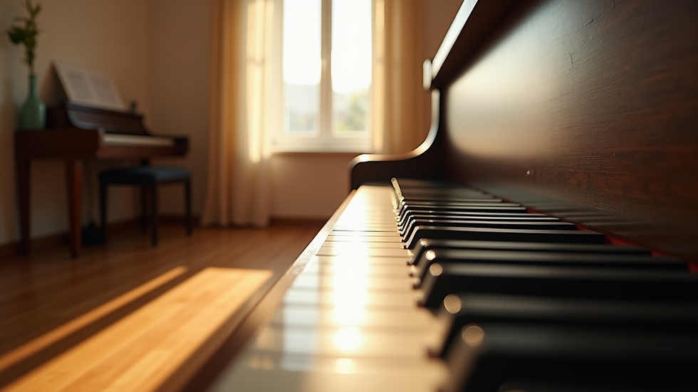 Eye-level view of a grand piano in a sunlit room