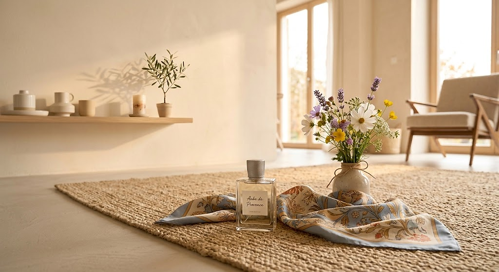 Intérieur apaisant avec une décoration minimaliste : flacon de parfum, bouquet de fleurs sauvages et un tissu délicat disposés harmonieusement sur un tapis naturel.