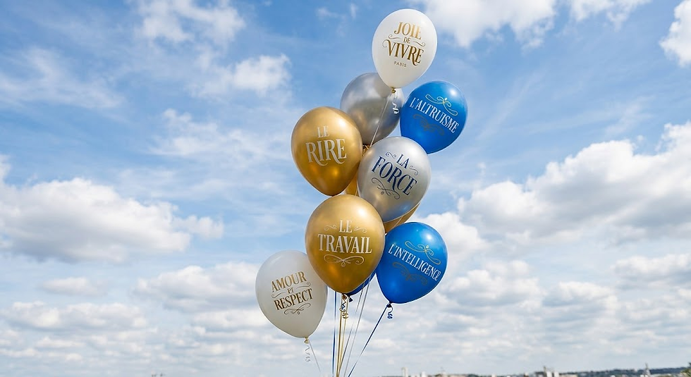 Un bouquet de ballons colorés s'élève dans le ciel, chacun portant un message inspirant comme "Joie de vivre", "L'altruisme" et "Amour et respect", symbolisant des valeurs positives sous une journée ensoleillée à Paris.