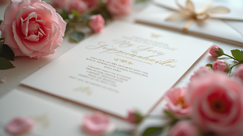 Close-up view of wedding invitation suite with floral accents