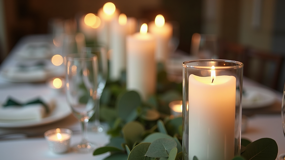 Close-up of beautifully arranged wedding table setting with candles and greenery