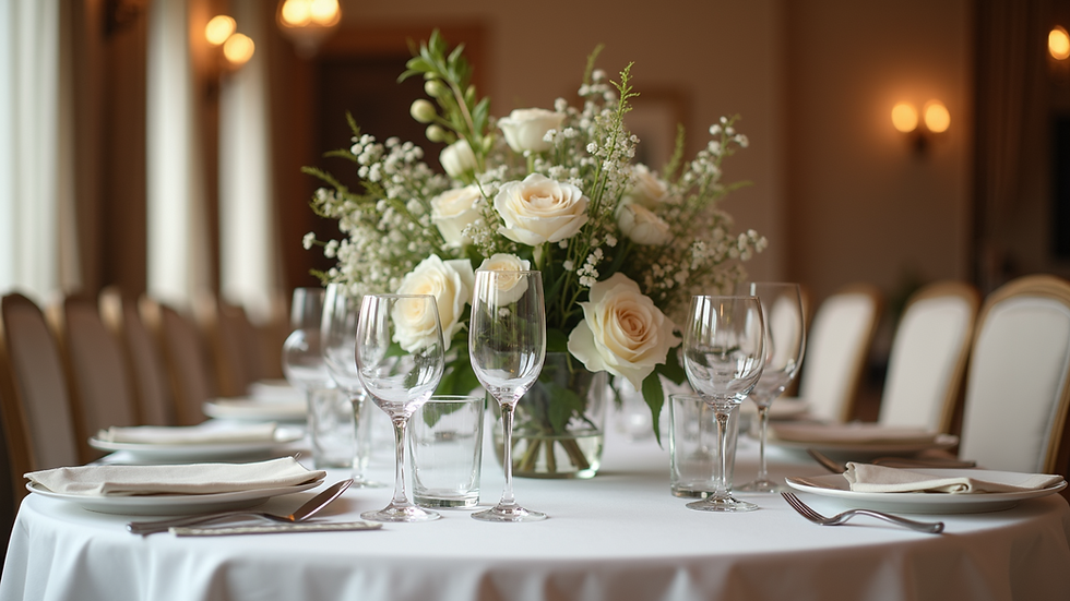Eye-level view of elegant wedding reception table with floral centerpiece