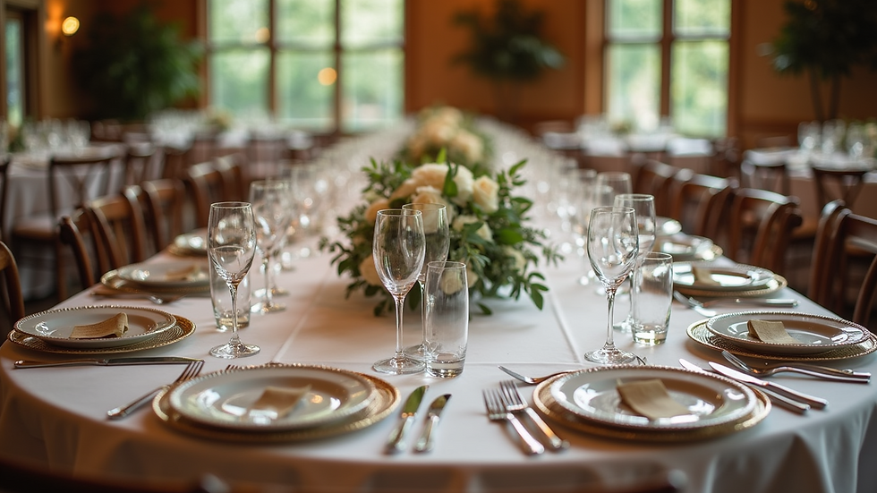 High angle view of a wedding reception table set with elegant place settings and soft lighting