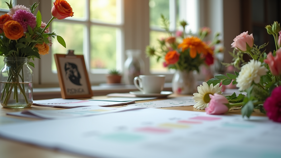 Eye-level view of a wedding planner’s desk with colorful floral arrangements and planning notes