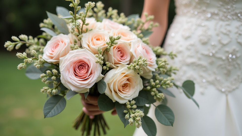 Close-up view of a beautifully arranged wedding bouquet with soft pastel flowers