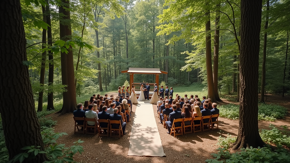 High angle view of outdoor wedding ceremony setup in a forest clearing
