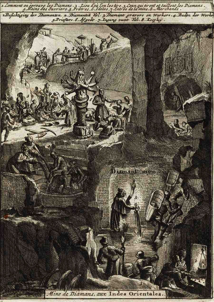 An old sketch depicting the diamond mines of Golconda, and the diamond miners working there