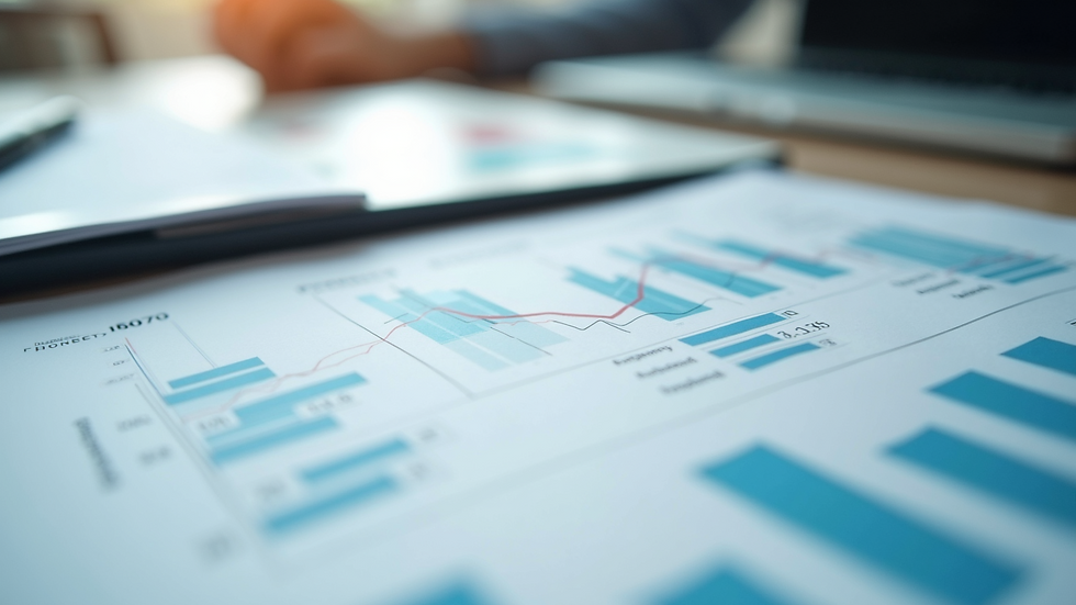 Close-up view of a financial report with charts and graphs on a desk