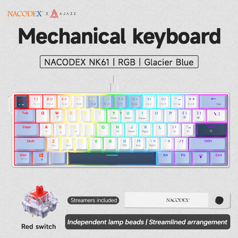 Miniaturbild: AJAZZ NK61 Wired Gaming Mechanical Keyboard 60% RGB Hot-Swappable 61 Keys Red Sw