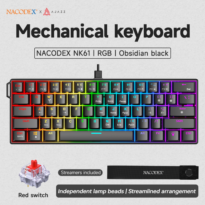 Miniaturbild: AJAZZ NK61 Wired Gaming Mechanical Keyboard 60% RGB Hot-Swappable 61 Keys Red Sw
