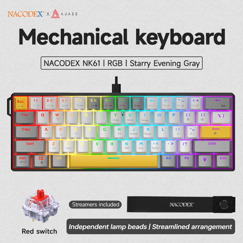 Miniaturbild: AJAZZ NK61 Wired Gaming Mechanical Keyboard 60% RGB Hot-Swappable 61 Keys Red Sw