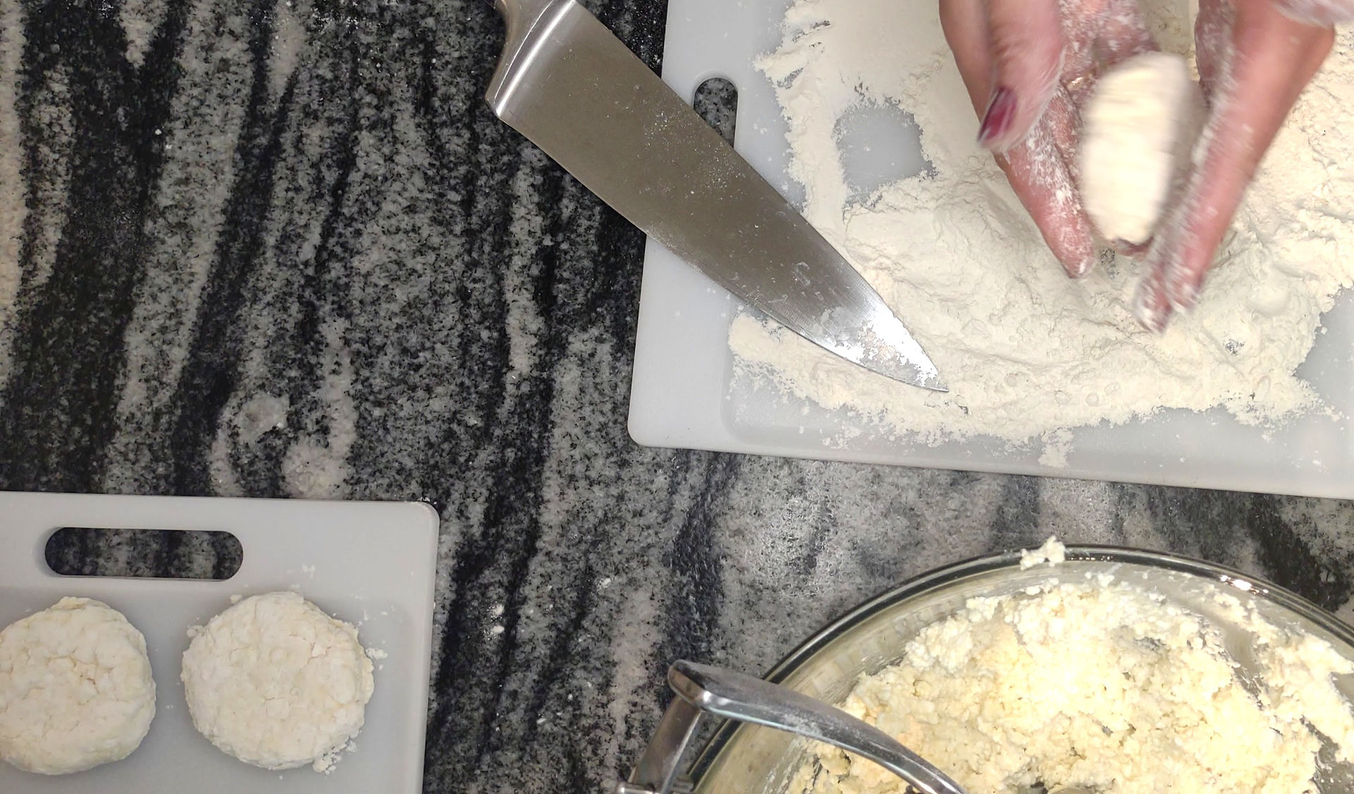 shaping pancakes with a knife