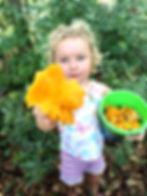 little girl is holding a big mushroom in one hand and bucket with mushrooms in another hand