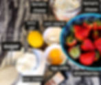 Ingredients on a countertop include strawberries, sugar, farmer's cheese, egg yolks, lemon, sour cream, corn starch, and vanilla.