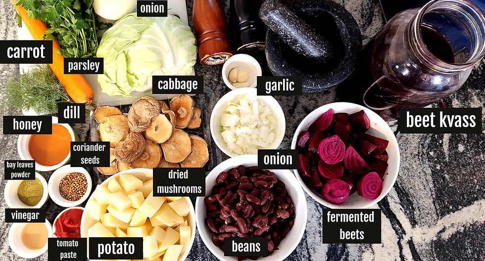 Ingredients on a countertop including carrot, parsley, cabbage, onion, garlic, dried mushrooms, beets, beans, potatoes, and spices.