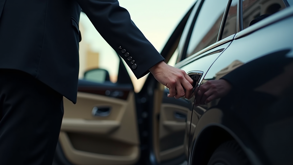 Close-up view of a chauffeur opening the door of a luxury sedan for a passenger