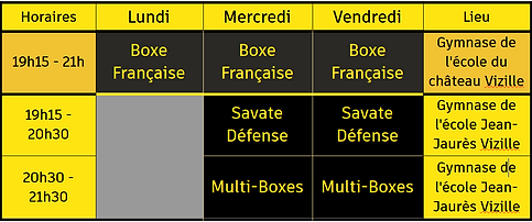 horaires entrainement savate club vizillois
