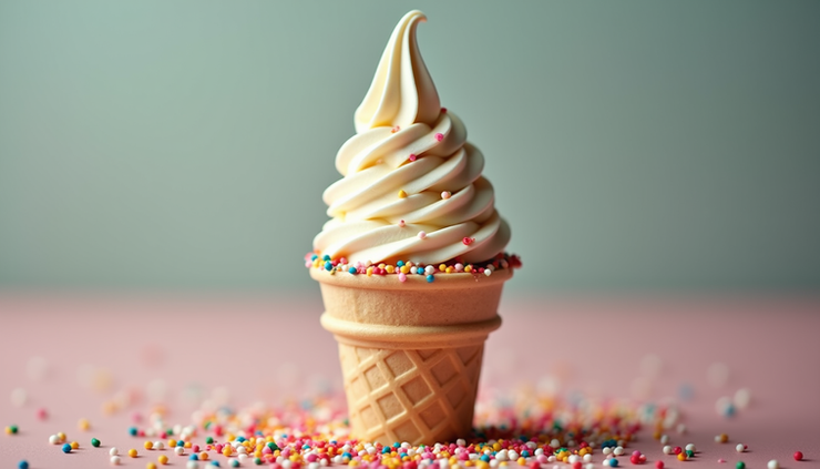 Close-up view of soft serve ice cream cone with colorful sprinkles served from Chicago Freezer truck